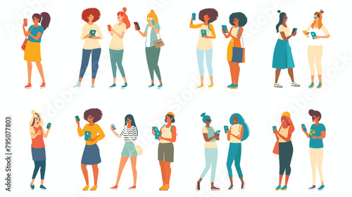 Woman using smartphones flat vector illustration set.