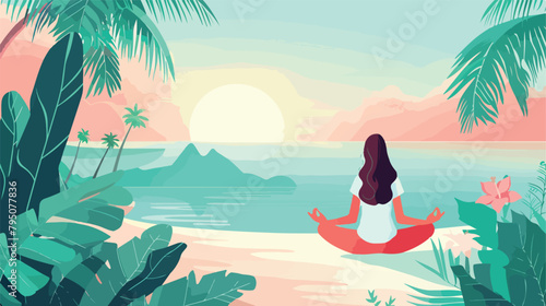 Woman meditating in lotus pose on the tropical background photo