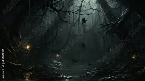 Dark Creepy Mystical Forest with Spiders, Cobwebs, Witches - Halloween Scene photo