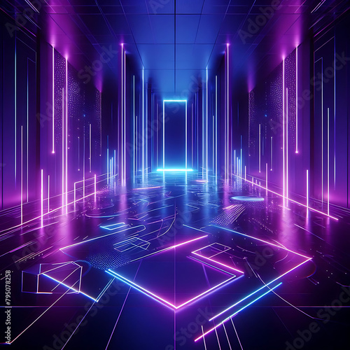 abstract 3d render, violet blue neon lights background wallpepar.Dark empty room with glowing floor- Generative AI photo