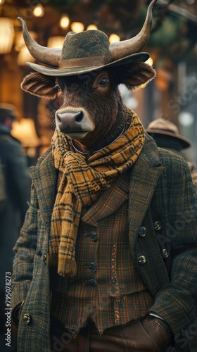 Suave bull roams the city streets in tailored elegance, epitomizing street style. The realistic setting frames his majestic presence, blending urban chic with bovine charm in a fashion-forward spectac © Дмитрий Симаков