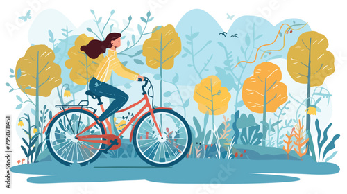Woman with a bike in the park. illustration in flat style