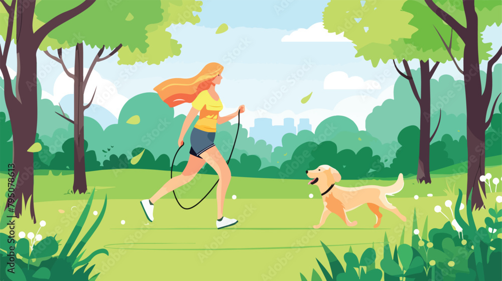 Woman with a dog in the park. illustration in flat style