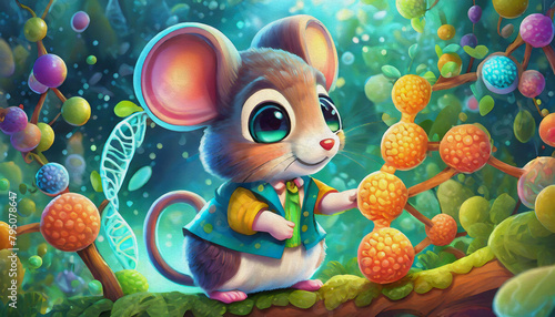 OIL PAINTING STYLE CARTOON CHARACTER CUTE BABY mouse Molecular biologist analyzing DNA structure in a lab