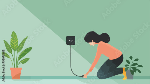 Woman plugging black WiFi repeater in electric socket photo
