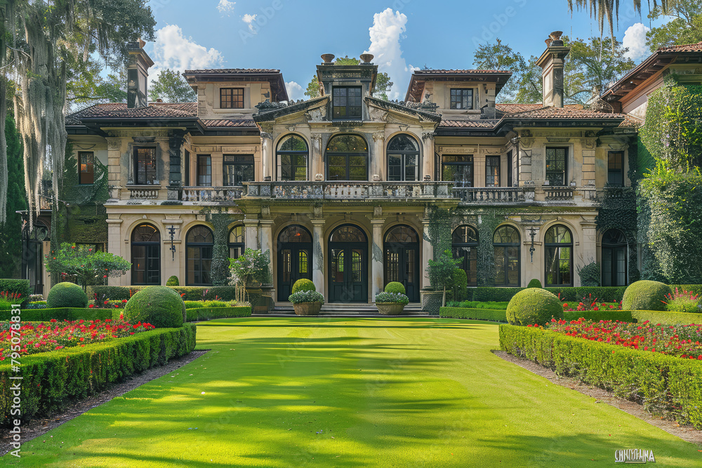 A luxurious mansion with an elaborate lawn and garden. Created with Ai