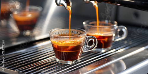 Professional espresso machine while preparing two espressos shot in a coffee shop Closeup espresso
 photo