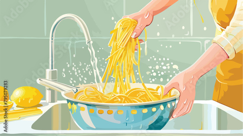 Woman pouring water from boiled pasta into colander illustration