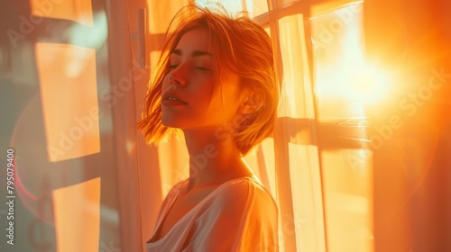 A woman is standing in front of a window  looking out at the sun