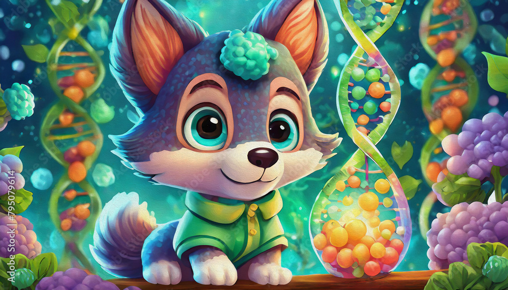 OIL PAINTING STYLE  CARTOON CHARACTER CUTE BABY wolf Molecular biologist analyzing DNA structure in a lab