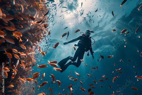 Scuba Diver amidst a School of Fish