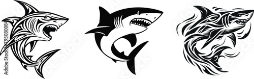 Set of shark, sea animals, logo and tattoo design, vector illustration.