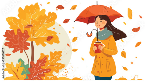 Woman with umbrella and coffee in autumn. Vector illustration