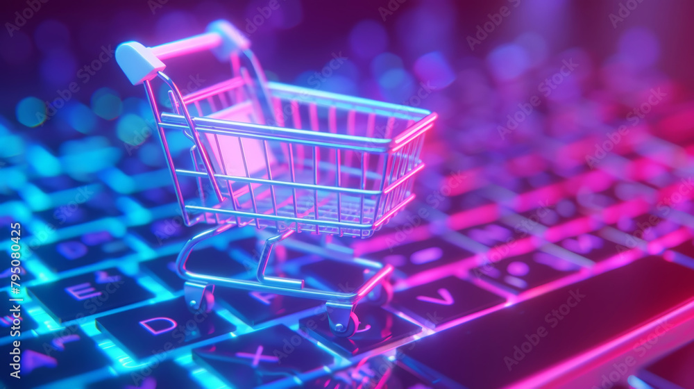 Online shopping concept, small shopping cart stands on keyboard on trendy neon background. E-commerce. Generative AI Online shopping concept, small shopping cart stands on keyboard on trendy neon background. E-commerce. Generative AI