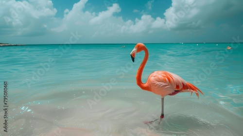 A flamingo is standing in the water near the shore