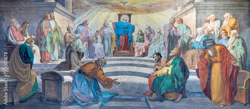 MILAN, ITALY - MARCH 4, 2024: The fresco of  Pentecost in church Chiesa di San Giorgio al Palazzo by Virginio Monti (1891). © Renáta Sedmáková