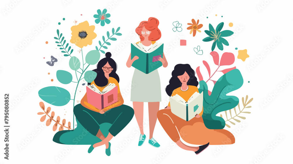 Women reading book. Learning and literacy day concept