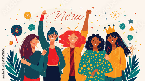 Women stand together near big 2024. Happy new year background
