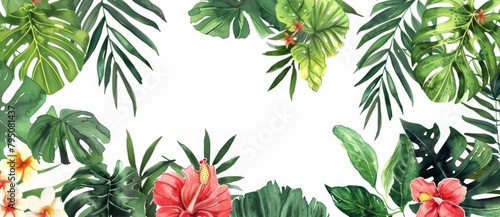 Tropical plants and flowers border a white background in the style of a watercolor illustration photo