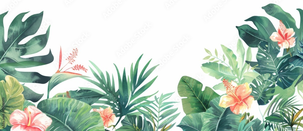 Tropical plants and flowers border a white background in the style of a watercolor illustration Tropical plants and flowers border a white background in the style of a watercolor illustration