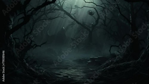 Dark Creepy Mystical Forest with Spiders and Cobwebs, Halloween Ambiance photo