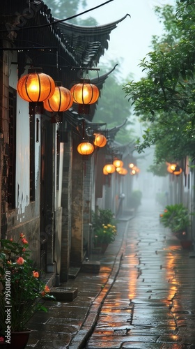 Chinese style street, hanging lanterns on both sides of the road with flowers and green plants in front of them, a Chinese style building behind it, rainy day.