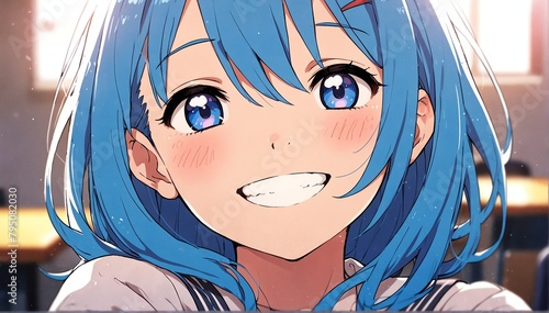 cute anime blue hair school girl smiling close-up portrait from Generative AI