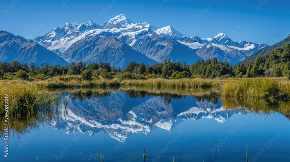 A tranquil mountain lake reflecting the snow-capped peaks that tower above, a mirror image of rugged beauty.