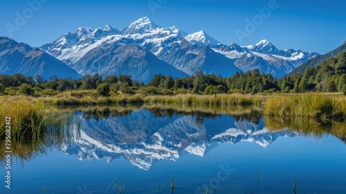 A tranquil mountain lake reflecting the snow-capped peaks that tower above, a mirror image of rugged beauty.