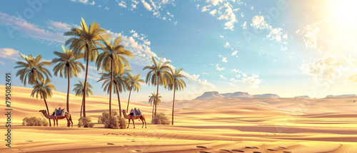 Serene Arabian desert oasis with lush palm trees and camels resting under the sun s warmth.