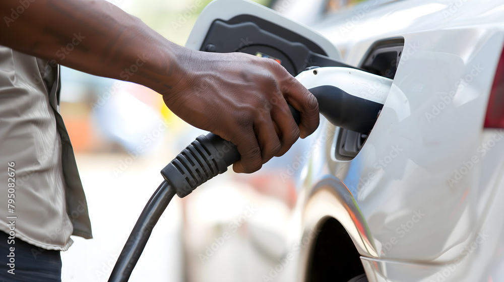 Close up of a man's hand plugging in an electric car charging cable Close up of a man's hand plugging in an electric car charging cable