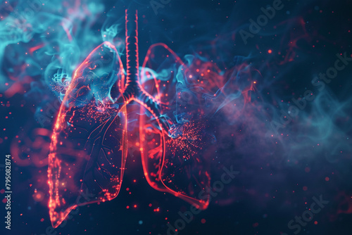 Futuristic visualization of smoke particles attacking lung cells with a digital shield activating to protect them 