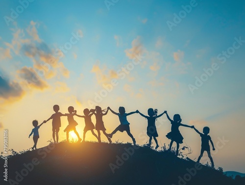 a group of children holding hands and standing on a hill