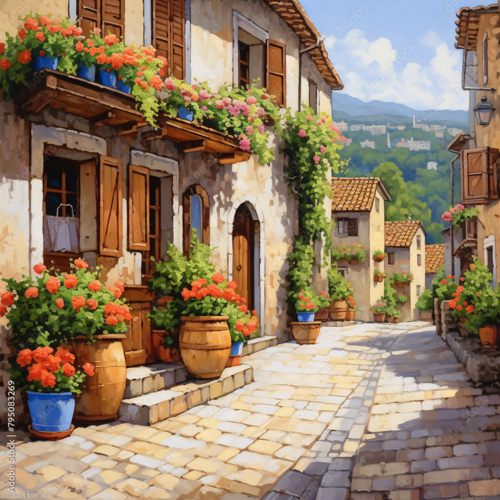 Colorful European Village Street with Flower-Lined Pathway and Mountain Background