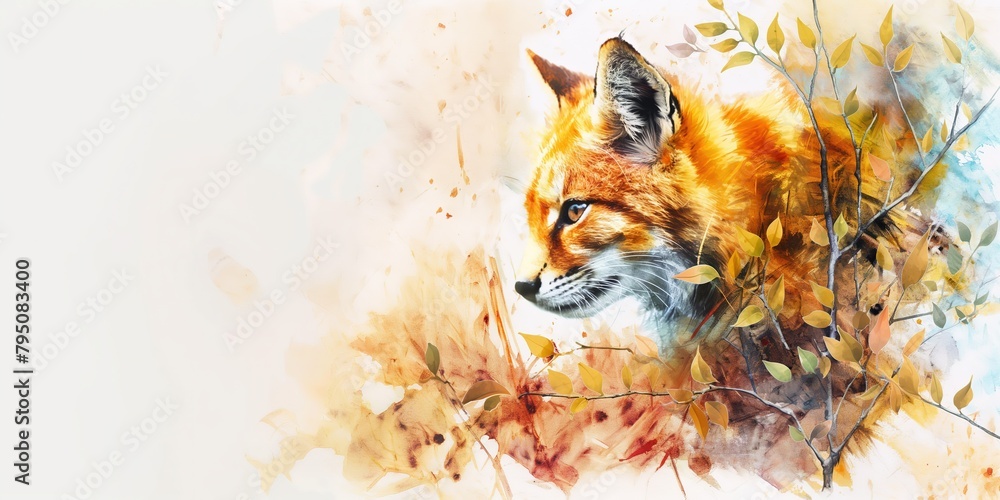 Naklejka premium watercolor painting style illustration of fox in autumn field, Generative Ai