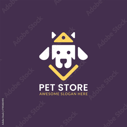 Dog house pet store logo hipster retro vintage vector illustration. Square dog as pet store brand identity template.