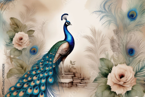 A vintage abstract art background with peacock sperched on a blossoming tree branch.