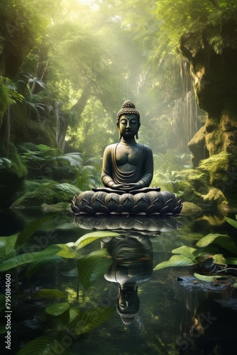 Buddha statue in green forest Generative AI © ShPRoman