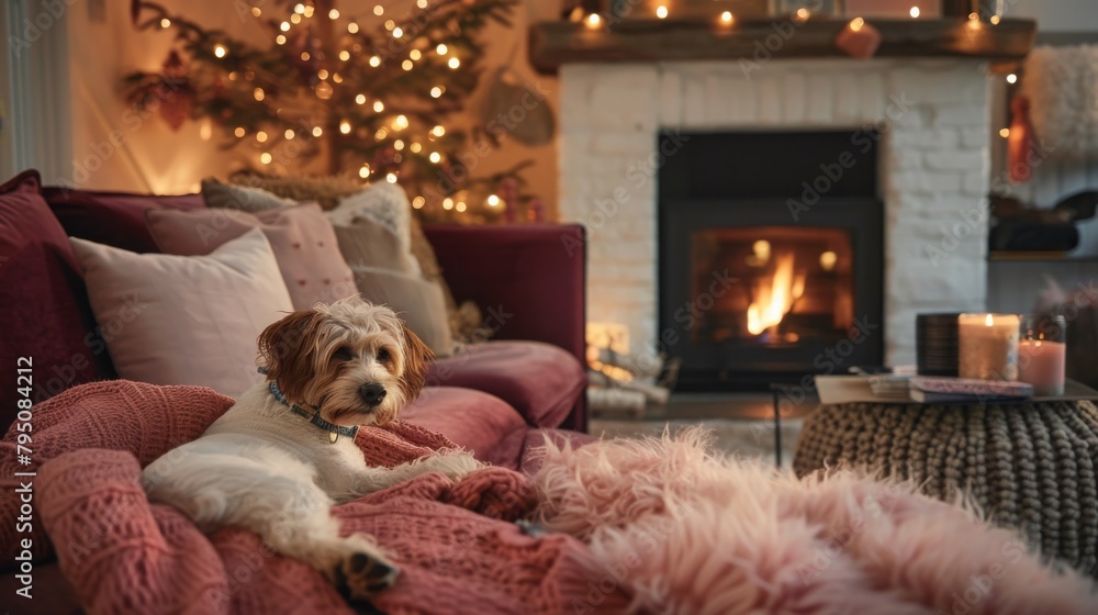 Fototapeta premium A dog rests on a couch by the fireplace in the living room