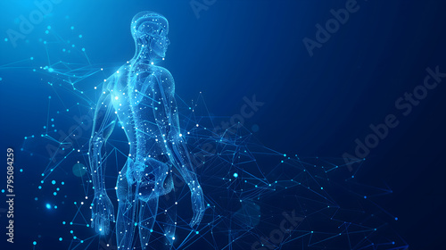 Abstract human body wireframe hologram on a blue background , low poly