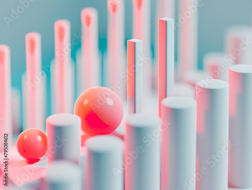 Red spheres on cylindrical columns with a blue gradient background. Abstract 3D composition for design and modern art concept. Selective focus photography with bokeh effect.