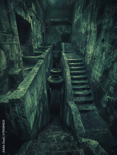 A dark  narrow staircase leads to a room with a green wall. The room is dimly lit  and the atmosphere is eerie and unsettling