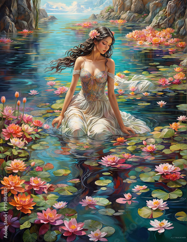 A gracefully beautiful woman floating on the lake with colorful lotus flowers surrounding her