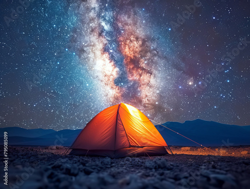 Nighttime camping under a stellar Milky Way, with a lone tent illuminating the vastness of the universe © thanakrit