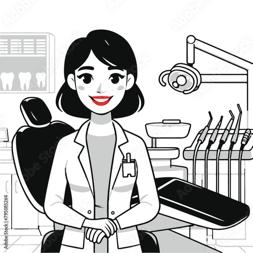 vector illustration European mid dentist woman smiling while standing in dental clinic