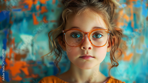 Portrait of a young girl with wavy hair wearing orange glasses, focused gaze in front of a colorful abstract backdrop