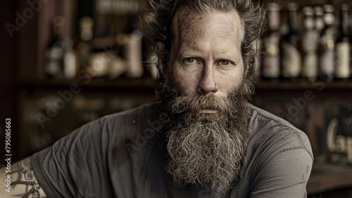 Handsome man in his mid-50s to early 60s with long beard and hair, tattoos on both arms, wearing a dark grey t-shirt, set against an old-fashioned bar background in gray-brown tones