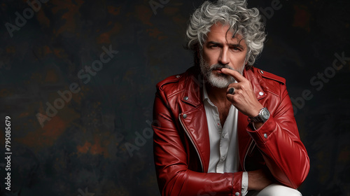 Photo of an older man with curly silver hair, wearing a red leather jacket, black shirt and white pants. The background is dark gray. He has stubble in his beard and holds his hand to his chin like a  photo