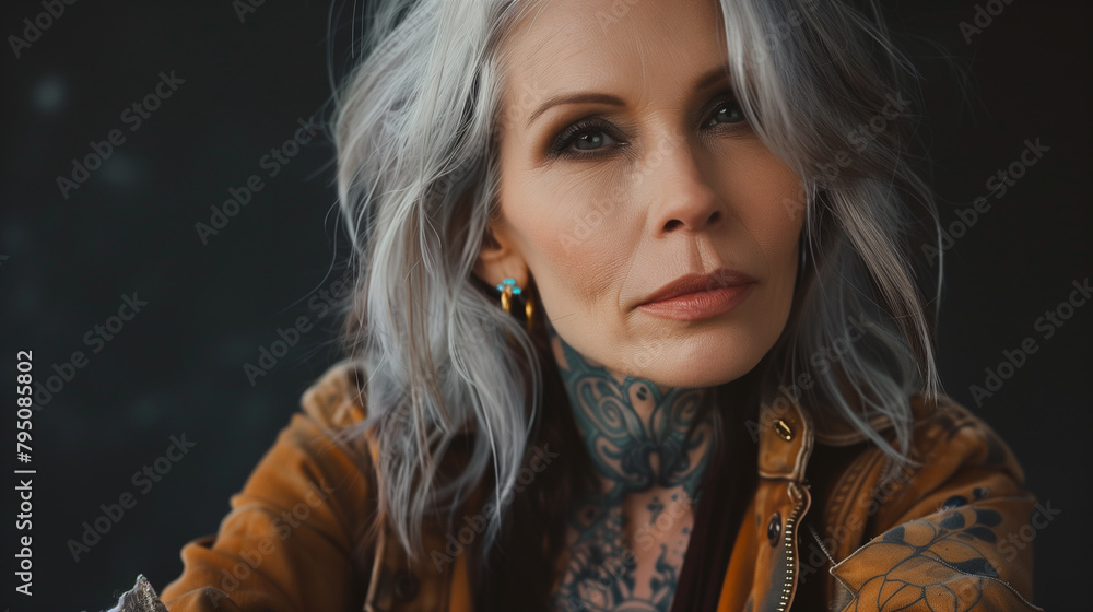 A captivating image of a middle-aged woman with tattoos and silver hair, illuminated by natural light, captured in a raw photographic style A captivating image of a middle-aged woman with tattoos and silver hair, illuminated by natural light, captured in a raw photographic style