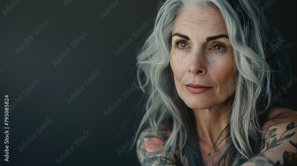 A captivating image of a middle-aged woman with tattoos and silver hair, illuminated by natural light, captured in a raw photographic style A captivating image of a middle-aged woman with tattoos and silver hair, illuminated by natural light, captured in a raw photographic style